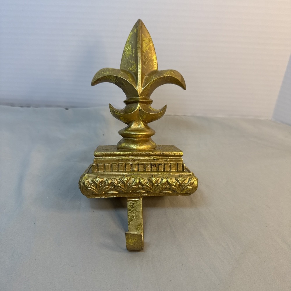 Vintage Gold Fleur De Lis Christmas Stocking Holder Heavy Mantel Hook Hanger PR
